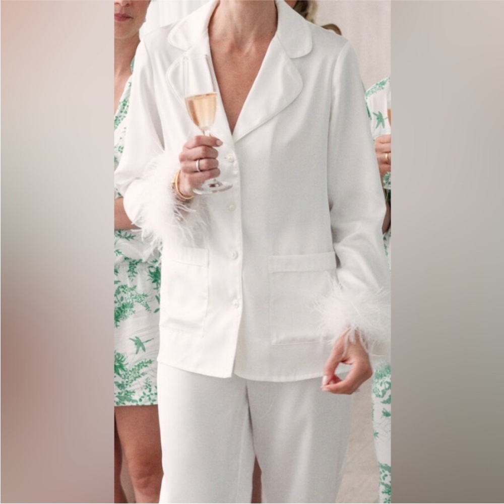 NADINE MERABI White Feather-Accent Pajama Set